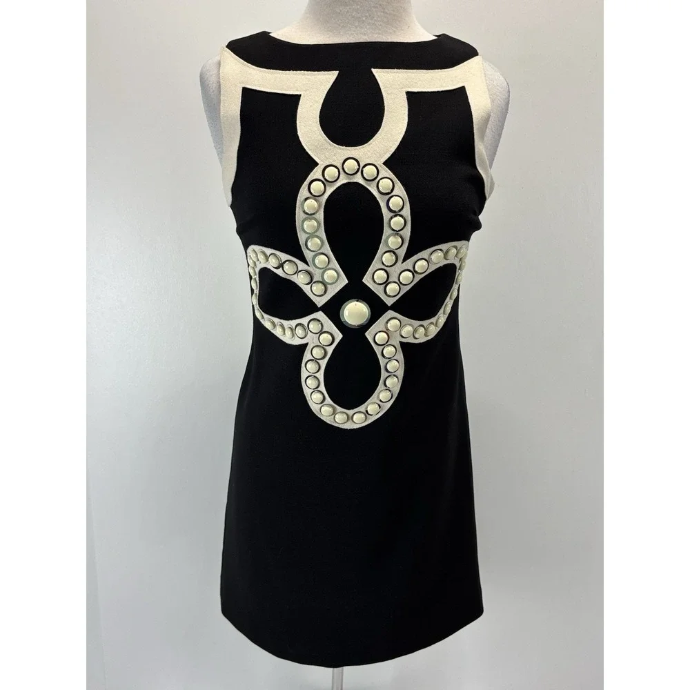 Tory Burch Wool Blend Dress Sz 4 Women's Black Cream Embellished Sheath Lined